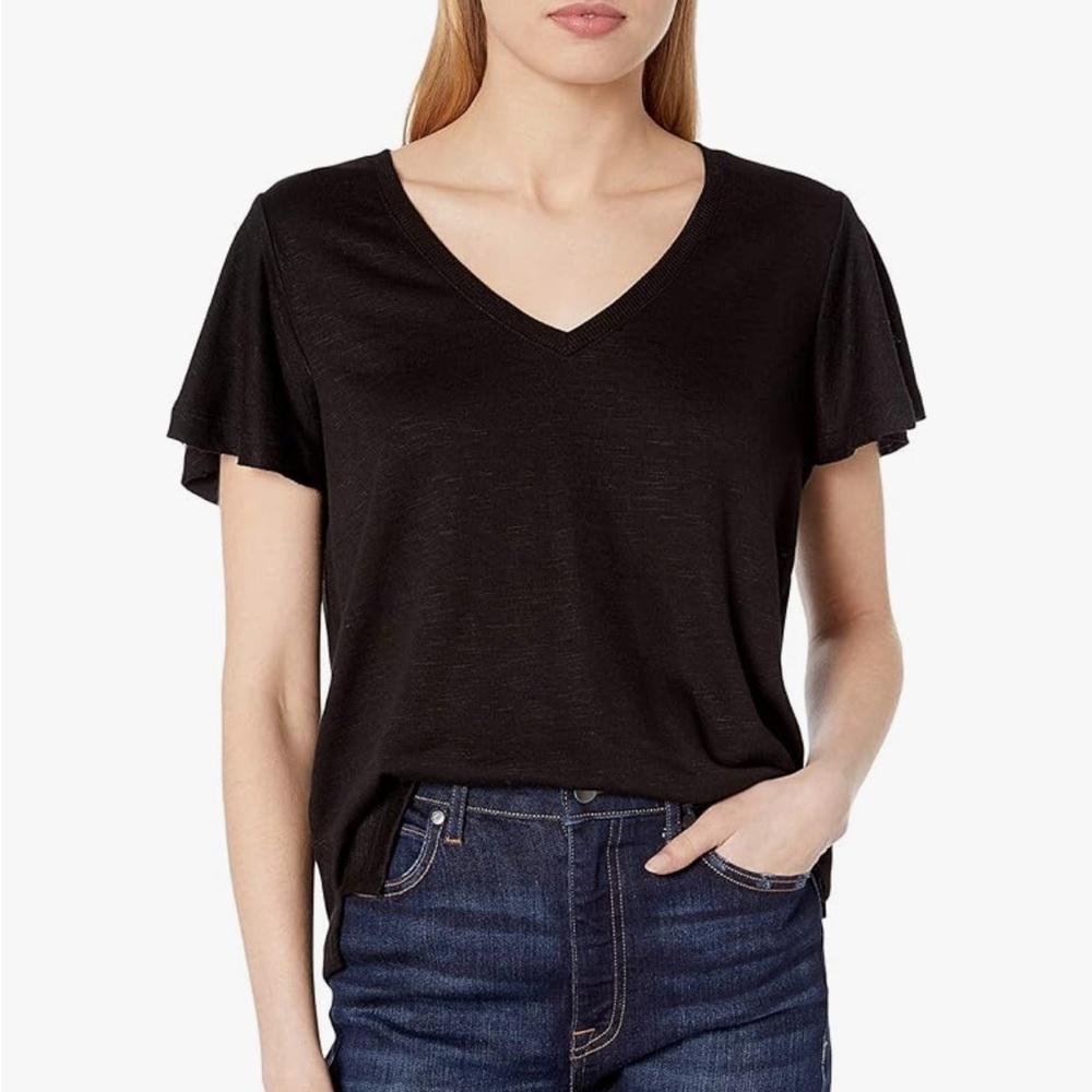 Paige Rochel Black V-Neck Knit Tee with Flutter Sleeves